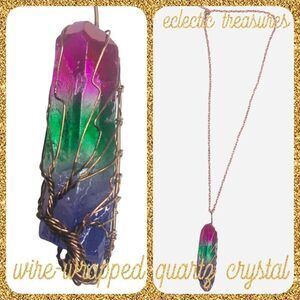Wire Wrapped Rainbow Quartz Crystal Pendant Necklace Stainless Steel Tree ofLife